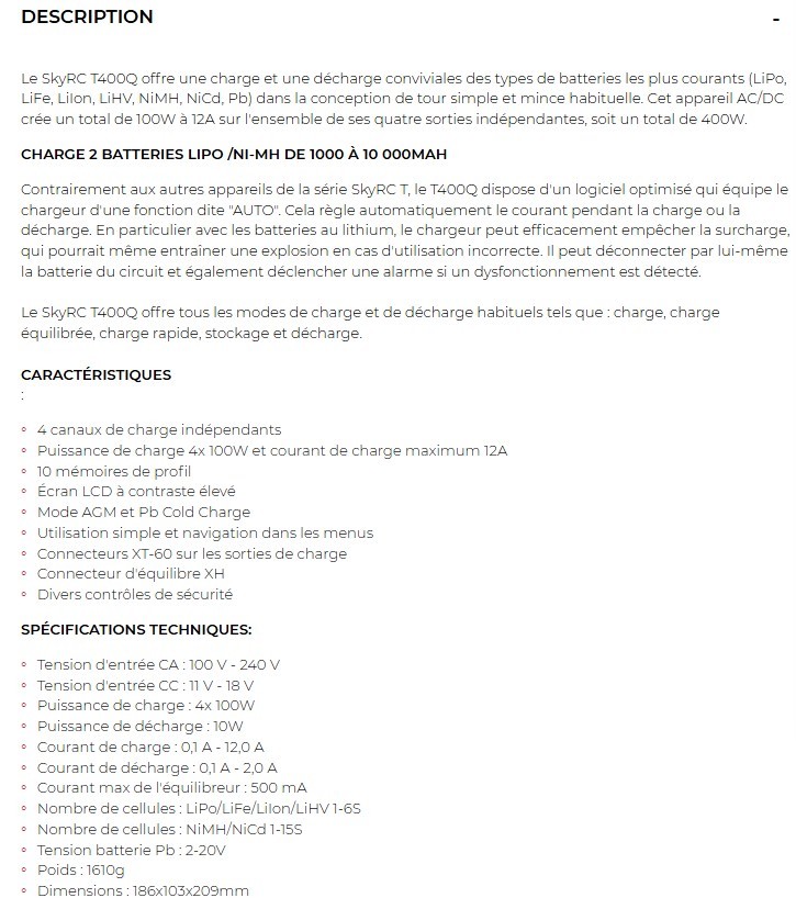 descriptif Chargeur SkyRC T400Q Quattro